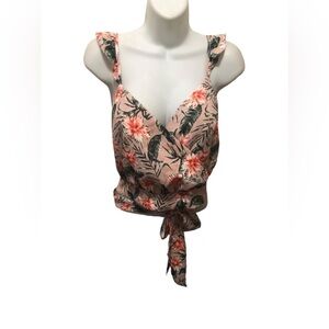Express VTG Y2K Hawaiian Print Wrap Style Crop Top M Smock Back Floral Ruffles